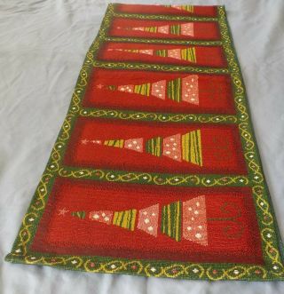 Vintage Cotton Blend Christmas Tapestry Style Table Runner W Christmas Trees 68 "