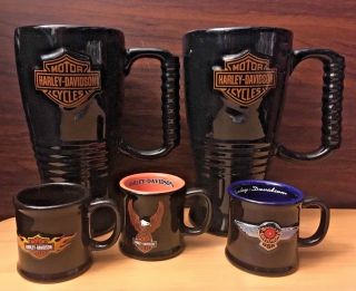 2 Official Harley Davidson 3d Black Mugs/cups And 3 3d Harley Davidson Mini - Cups