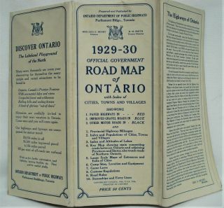 Official Government Road Map Ontario Canada 1929 - 1930