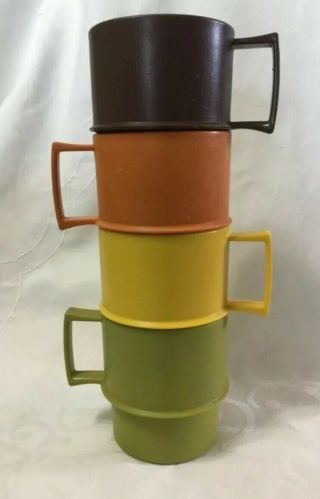 4 Vintage Orange Green Brown Gold Tupperware Stacking Coffee Cup Mugs 1312