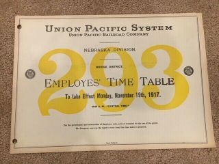 1917 Union Pacific Railroad Co Up Sys Employee Timetable Nebraska Division 293