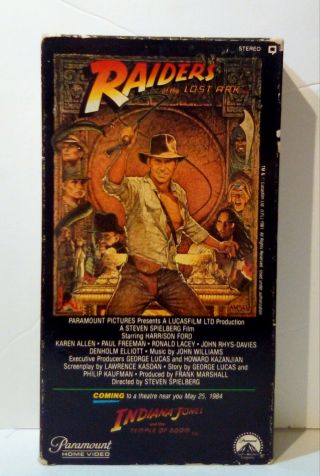 Indiana Jones: Raiders Of The Lost Ark Vhs " Vintage "