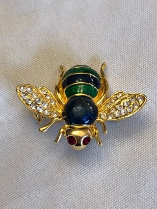 Vintage Afj Bumble Bee Brooch Costume Jewelry Pin Rhinestones Enamel