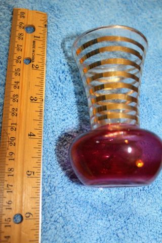 1 Raspberry Red On Clear Gold Trim Glass Bud Vase 4 Inch