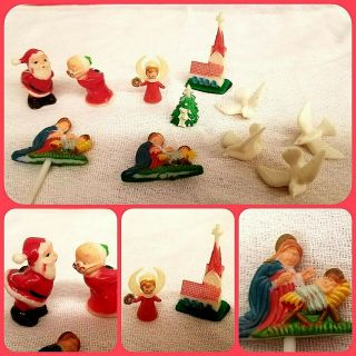 Vintage Plastic Miniature Christmas Figurines Cake Toppers Holiday Baking Decor.