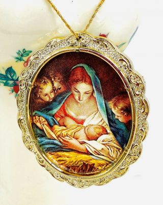 Vintage Italian Christmas Ornament - Mary& Baby Jesus - 2.  5” Gold Pendant 010
