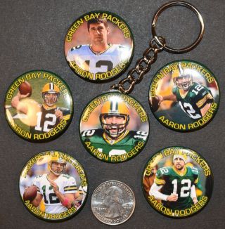Set Of 6 - 5 Pinback Buttons And Key Chain 1 1/2 " Aaron Rodgers Packers
