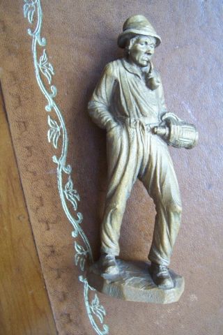Vintage Miniature Carved Wooden Figure,  Man With Pipe And Barrel