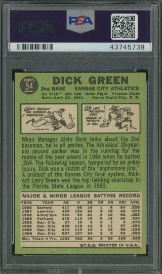 1967 Topps 54 Dick Green Kansas City A ' s Athletics PSA 9 2