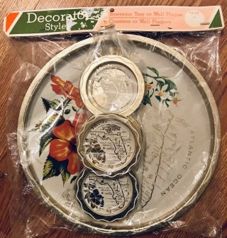 Vintage Retro Florida Souvenir Tray & Coasters White Gold Hibiscus 11”