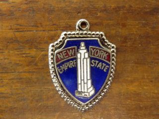 Vintage Silver York City Empire State Building Travel Shield Charm Blue Rare