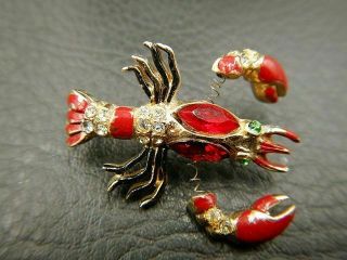 Vintage Brooch Pin Unusual Lobster Shell Fish W/ Rhinestones & Quivering Claws