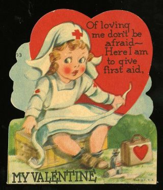 Vintage Valentines Day Card Die - Cut Red Cross Nurse First Aid 1946