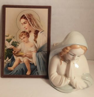 Vintage Blessed Virgin Mary Planter Head Vase,  Madonna Plus Plaque