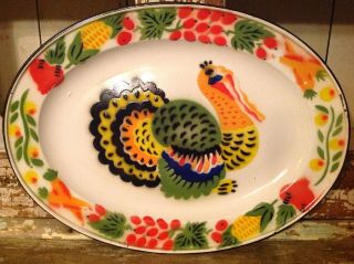 Vintage Porcelain Enamelware Thanksgiving Turkey Serving Platter Oval Tray