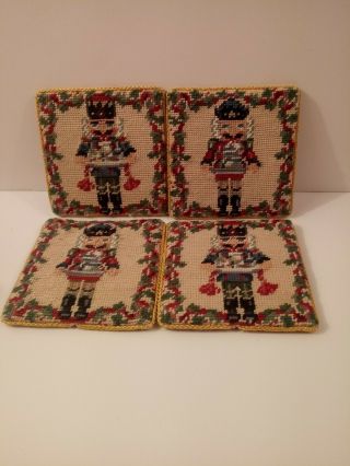 Vintage Christmas Needlepoint Coasters Nutcrackers Soldiers Set Of 4 Finished