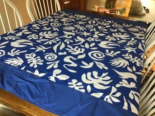 Vintage Made In France Ikea Tablecloth White & Blue Mod Tropical Islands 54”x 54