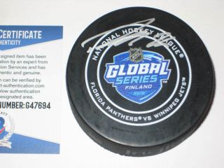 Patrik Laine (jets) Signed 2018 Global Series Official Game Puck,  Beckett