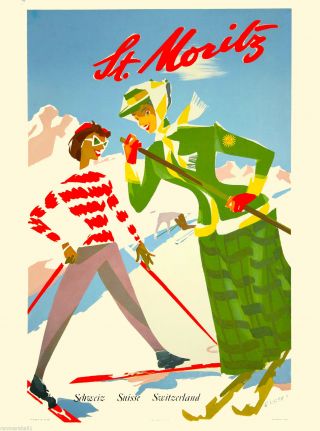 Switzerland Suisse Ski Snow St.  Moritz European Travel Advertisement Poster