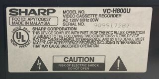 Sharp Vc - H800u Vhs Vcr Video Cassette Player Recorder Open Box,