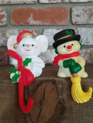 2 Vintage Christmas Stocking Holders Mouse Snowman Hooks