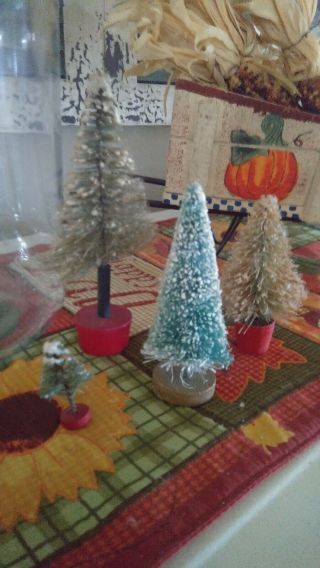 4 Vintage Flocked Bottle Brush Christmas Trees,  1 1/2 - 6 Inch