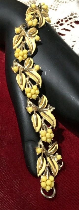 Vintage Coro Yellow Enamel Leaf Link Designed Bead Accents Metal Bracelet7in. 3