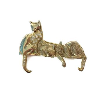 Vintage Goldtone Three Cats Pin Brooch Costume Jewelry Rhinestone Accents 2 "