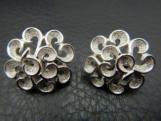 Vintage Clip On Earrings Signed Crown Trifari Brushed Silver Tone Flowers