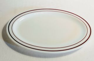 Vintage Pyrex Double Tough Oval Platter Red Stripes White Milk Glass Diner