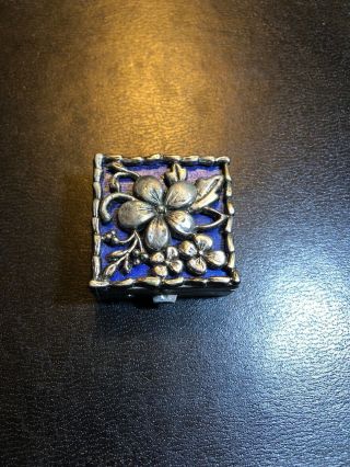 Vintage Purse Hinged Metal Pill Box - Flowers - 1 - 1/2 " Square