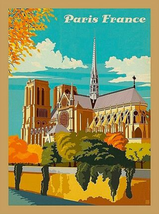 Notre Dame Cathedral Paris France Seine River Vintage Travel Art Poster Print
