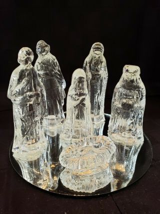7 Piece Glass Nativity Christmas Scene Figure & Mirror Base Set - Vintage