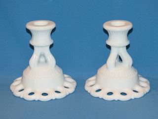 Vintage Westmoreland Milk Glass Doric Open Lace Candle Holders 4 1/4 "