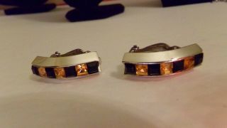 Vtg Whiting And Davis Black Amber Crystal Rhinestone Silv Rhodium Clip Earrings