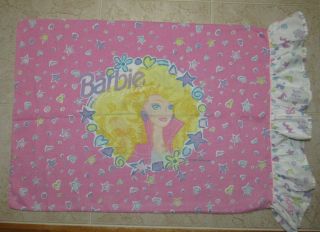 Vintage Barbie Pillowcase Standard Pink Stars Hearts Ruffle 1991 Mattel Usa