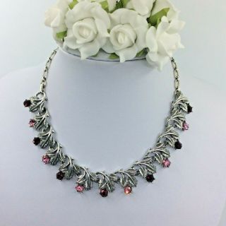 Vintage Jewellery Ruby & Pink Sapphire Rhinestone Silver Tone Floral Necklace