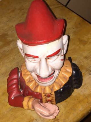 Vintage Cast Iron Humpty Dumpty Jester Clown Mechanical Coin Bank
