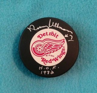 Authentic Norm Ullman Signed Detroit Red Wings Logo Puck H.  O.  F.  Inscription/jsa
