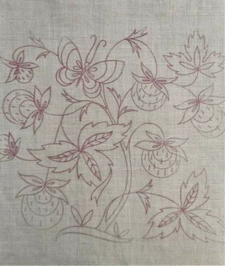 Jacobean Floral Tree Wall Art Vintage Linen Fabric Stamped For Hand Embroidery