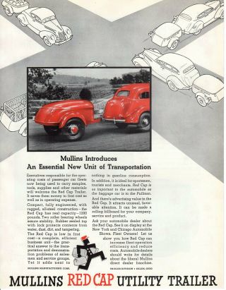 1936 Vintage Print Ad Car Automobile Mullins Red Cap Utility Trailer Towing Car