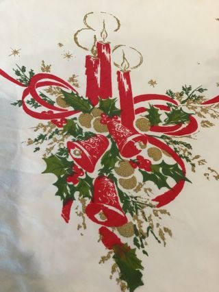 Vintage Christmas Themed Tablecloth 60” X 52” Bells Holly Candles