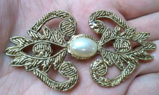 Stunning Vintage Estate Gold Tone Faux Pearl 3 " Brooch 2635x