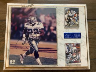 Emmitt Smith Autograph 8x10 On Plaque With 2 Cards And Nameplate W/coa