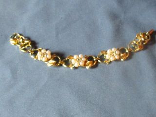 Vintage Signed Coro Gold - Tone Metal Clear Rhinestone Faux Pearl Bracelet