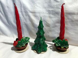 3 Vintage Tall Gurley Christmas Candles - Tapered/holly & Evergreen Tree - Sparkles