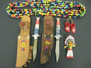 Vintage Native American Indian Bead Necklace Doll Kids Toy Knife Souvenir Travel