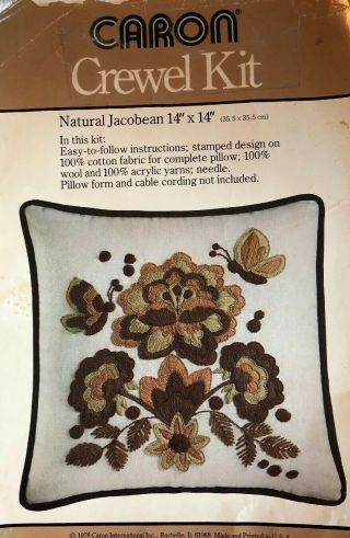 Vintage Caron Crewel Embroidery Kit Pillow Natural Jacobean 6381 Open Pkg