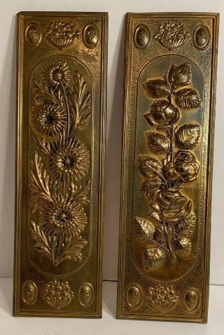 2 Vintage Brass Floral Relief Wall Hangings 14.  5 " X 4.  5 ",  Made In England