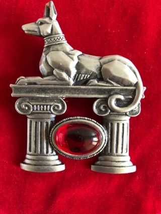 Vintage Jj Brooch Pin Jewelry Sphinx Dog On Roman Columns 1980’s Pewter